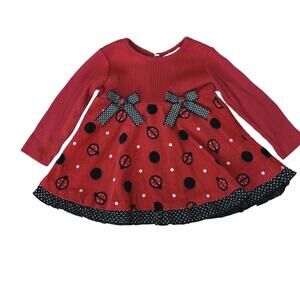 Rare Too! Red Ladybug Dress Corduroy Skirt Bows & Buttons 18M